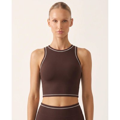 Damen Fitness Sport-BH hoher Ausschnitt Crop Top Paspel Varsity - Dunkelbraun