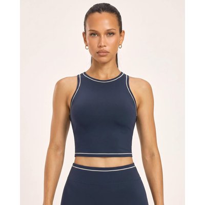 Damen Fitness Sport-BH hoher Ausschnitt Crop Top Paspel Varsity - Nachtblau