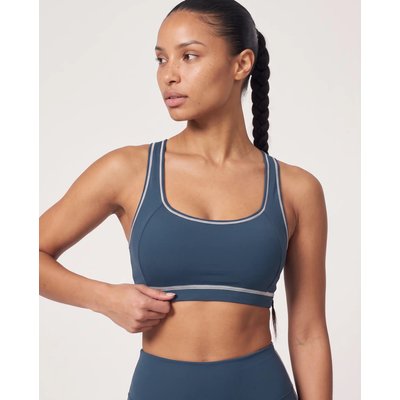 Damen Fitness Sport-BH Ringerrücken Kontrastpaspel Track - Schieferblau