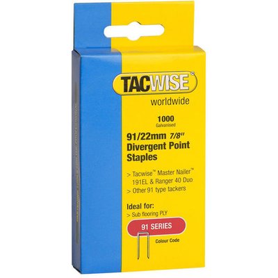 Tacwise 0288 Type 91/22mm Galvanised Narrow Crown Staples, Divergent Point, x 1000