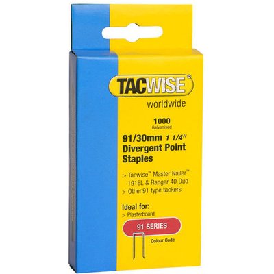 Tacwise 0289 Type 91/30mm Galvanised Narrow Crown Staples, Divergent Point, x 1000