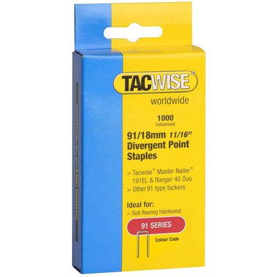 Tacwise 0287 Type 91/18mm Galvanised Narrow Crown Staples, Divergent Point, x 1000