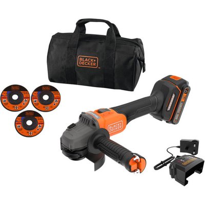 Black+Decker BCG6L8D13 18V POWERCONNECT Cordless Brushless Angle Grinder (with 1x 2.0Ah Battery 1A Charger 3x Cutting Discs and Soft Bag)
