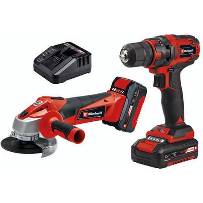 Einhell Einhell Power X-Change TC-TK 18 Li Cordless Drill Driver & Angle Grinder with 1.5 & 3Ah Batteries & Charger