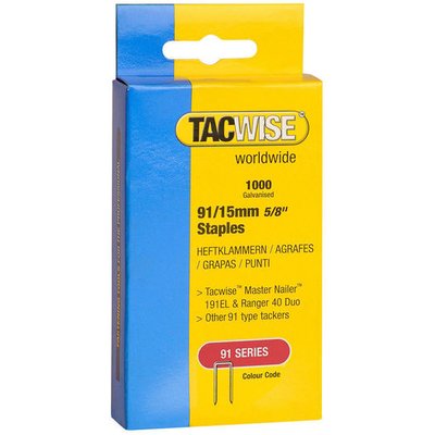 Tacwise 0283 Type 91 / 15 mm Galvanised Narrow Crown Staples, Pack of 1,000