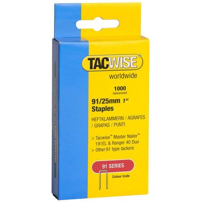 Tacwise 0285 Type 91 / 25 mm Galvanised Narrow Crown Staples, Pack of 1,000