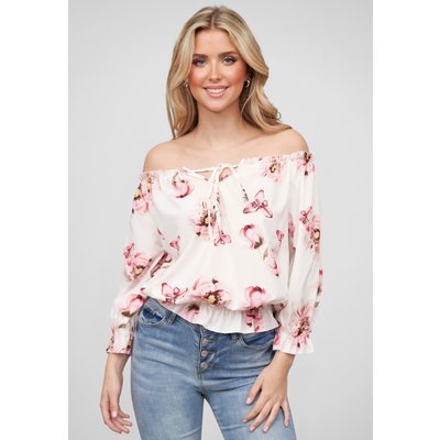 Cloud5ive Damen Off-Shoulder Bluse Top mit Bindedetail und All Over Blumen Print