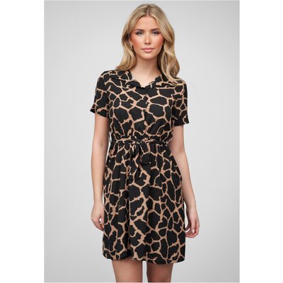Cloud5ive Damen T-Shirt-Kleid mit Bindegürtel u. Knopfleiste Print