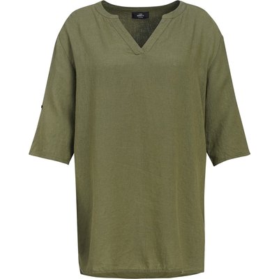 Damen Leinen-Longbluse mit V-Ausschnitt