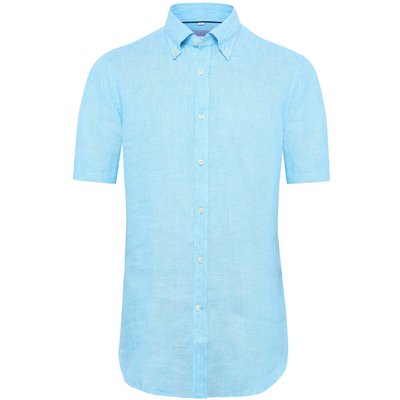 Tom Rusborg Unifarbenes Leinenkurzarmhemd mit Button Down-Kragen