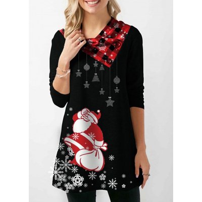 ROTITA Long Sleeve Santa Print Button Embellished Christmas Sweatshirt