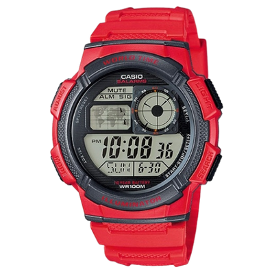 Casio Youth AE-1000W-4AVDF World Time Digital Sports Watch - Red Resin Strap