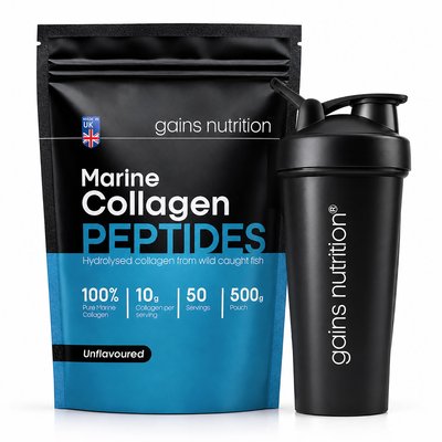 Marine Collagen Peptides Powder | 500g | Unflavoured + 600ml Shaker Black