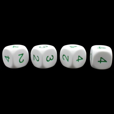 Opaque White D6 with green numbering (Numbered Sides 2 - 5) | Set of 4