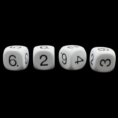 Opaque White D6 with black numbering (Numbered Sides 1 - 6) | Set of 4