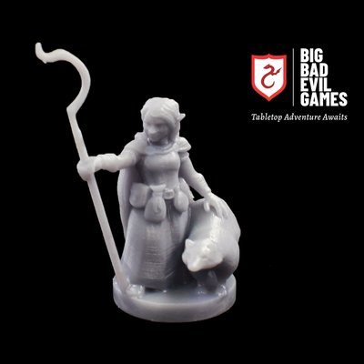 Hafling Druid Girl Miniature | with shepard's crook and animal companion at 28mm scale