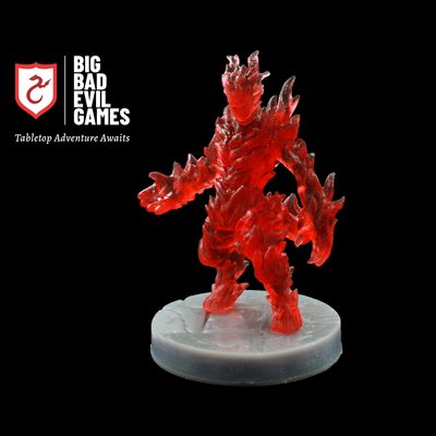 Fire Elemental Miniature | 2 part mini in red transparent resin at 28mm scale with a grey 25mm base