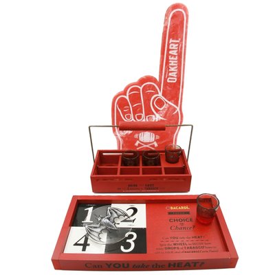 Bacardi Fuego Wooden Tabasco Spinner, shot glasses, carrying crate & foam finger