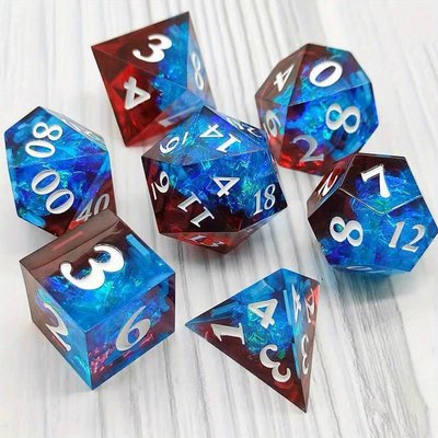 Resin Sharp-edged Dice - Red, Blue, White x7 Piece Polyhedral Dice Set | 16mm Resin