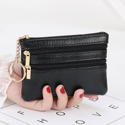 Women's Simple Mini Coin Purse | Gold Zipper, Black Faux Leather Clutch Purse with Keychain Attachment