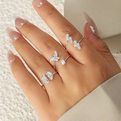Silver x3 Piece Zirconia Butterfly Ring Set