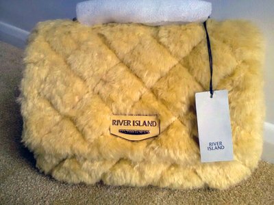 River Island Yellow Faux Fur Qulited Handbag with Chunky Gold Hardware & Chain Handles