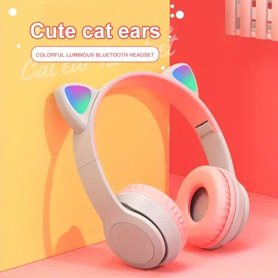 Cute Cat Ears Bluetooth Headset for Gaming & Running with LED Light - Pink