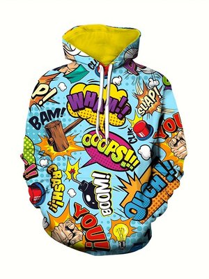 Retro Comic Style Letter Print Men's Hooded Sweatshirt With Drawstring And Kangaroo Pocket