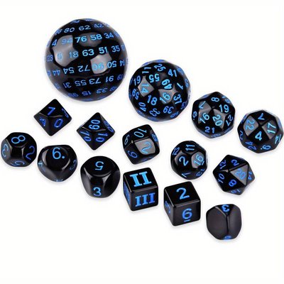 15 pieces RPG Dice Set in Opaque Black & Blue - Perfect for Table Games and Gaming Gifts