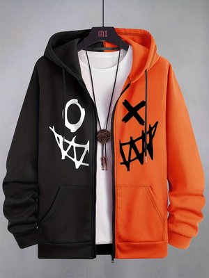 Contrast Color Evil Face Men's Hoodie | Long Sleeve With Front Zipper - Men X-Large