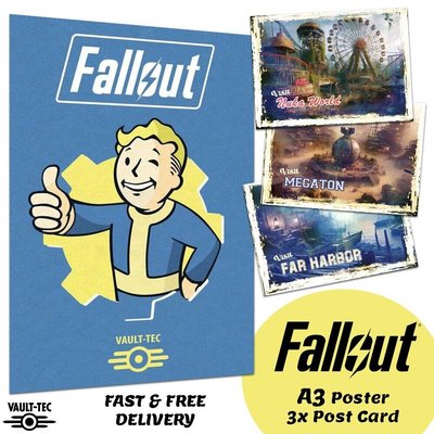 Fallout Vault-Tec A3 Poster & 3x Postcards Set - Nuka World, Megaton, Far Harbor