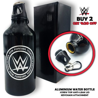 WWE Black Aluminum Water Bottle - 500ml with Anti-leak Screw Top Lid & Keychain