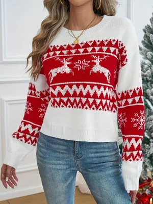 Cosy Reindeer Pattern Crew Neck Knit Sweater - Soft, Warm and Versatile XL