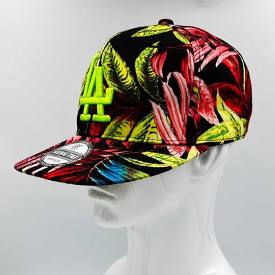LA - Summer Wide Flat Brim Embroidered Baseball Cap | Colourful Leaves Pattern & Double Snap