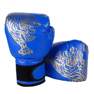Childrens 8oz Boxing Gloves | Blue with Gold Tiger Motif