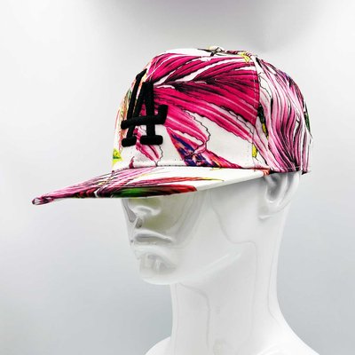 LA - Summer Wide Flat Brim Embroidered Baseball Cap | Colourful Leaves Pattern & Double Snap