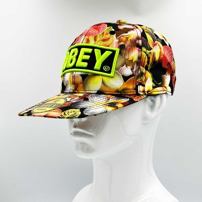 OBEY - Summer Wide Flat Brim Embroidered Baseball Cap | Colourful Flower Pattern & Double Snap