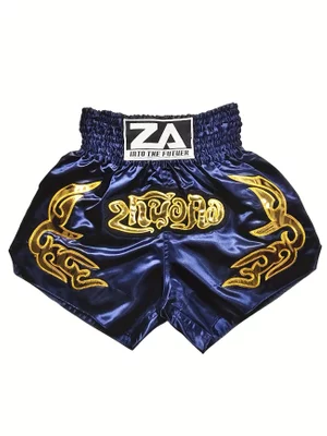 Authentic ZA Into The Futuer Muay Thai Boxing Shorts | Navy Blue with Golden Embroidery (Asian XL / UK M)