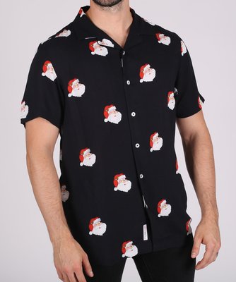 Men's Santa Print Christmas Short Sleeve Shirt – Black M