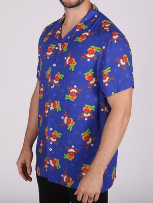 Men's Reindeer Print Christmas Short Sleeve Shirt - Royal Blue