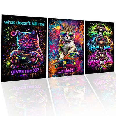Funny Gamer Cat Poster Set – A3 High Gloss Wall Art – 3 Pack Gaming Bedroom Decor