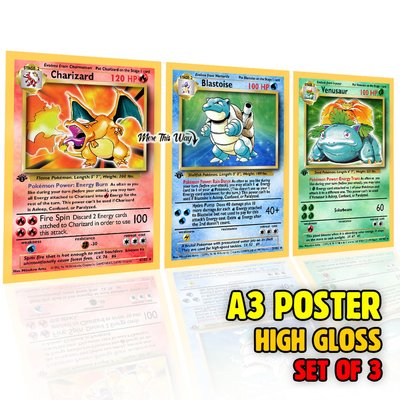 Pokémon Starter Poster Set A3 - Charizard Blastoise Venusaur Wall Art - Pokémon Trading Card Style Posters - Set of 3