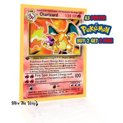 Charizard Pokémon Card Poster A3 – Classic Pokémon Wall Art – Gamer Room Decor –