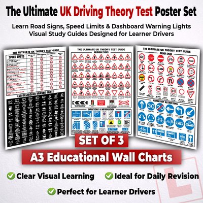 UK Driving Theory Test Posters - Set of 3 - A3 Size - Road Signs Speed Limits Dashboard Lights