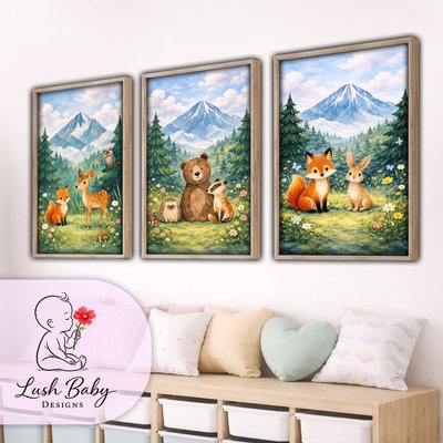 Mountain Forest Animal Nursery Posters - A3 Wall Art Set of 3 - Woodland Mountain Nursery Decor - Unframed