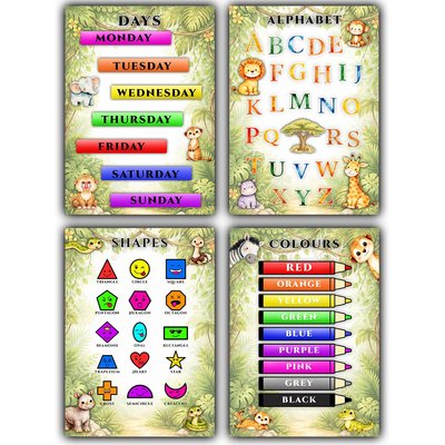 Jungle Safari Educational Nursery Posters A3 - Set of 4 - Alphabet, Days, Colours & Shapes - Early Learning Wall Art - Unframed