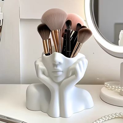 Modern Face Makeup Brush Holder – White Sculptural Storage Pot – Vanity Organiser