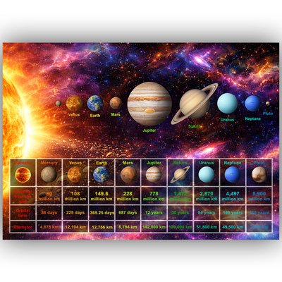 Educational Solar System A3 poster - Planets Chart Space Learning Print - Distance Size Orbit Guide Kids Wall Art