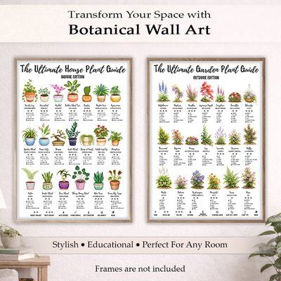 Indoor & Outdoor Plant Guide Poster Set – A3 Botanical Wall Art – House Plant Care Chart