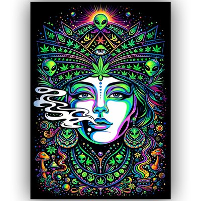 TRIPPY WEED POSTER MARIJUANA PSYCHEDELIC WALL ART A3 – ALIEN GODDESS CANNABIS PRINT STONER ROOM DECOR